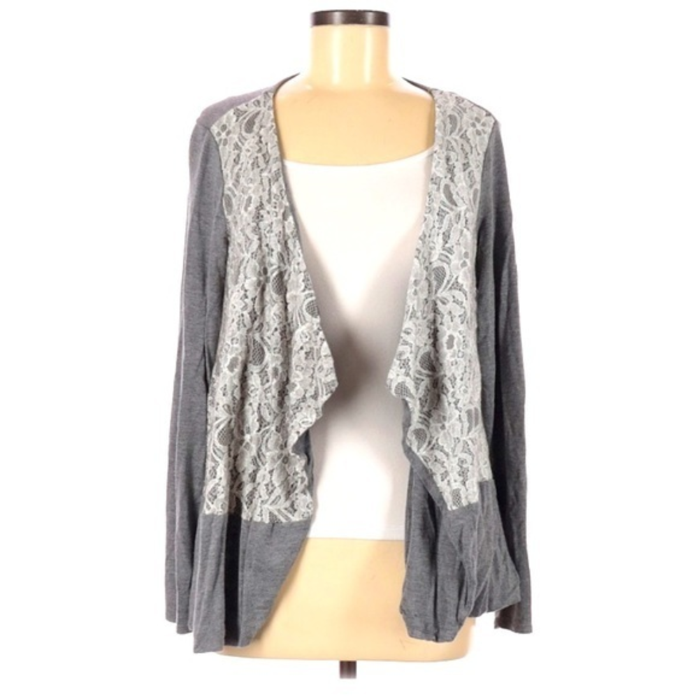 Sunday‎ M grey lace front long sleeves waterfall open cardigan sweater